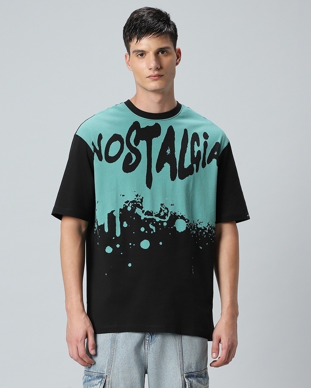 Shop Men's Black & Green Nost Graphic Printed Oversized T-shirt-Front