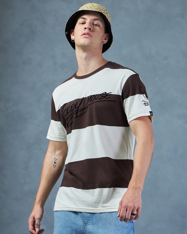 Shop Men's Brown & Beige Mickey Signature Striped Oversized T-shirt-Front