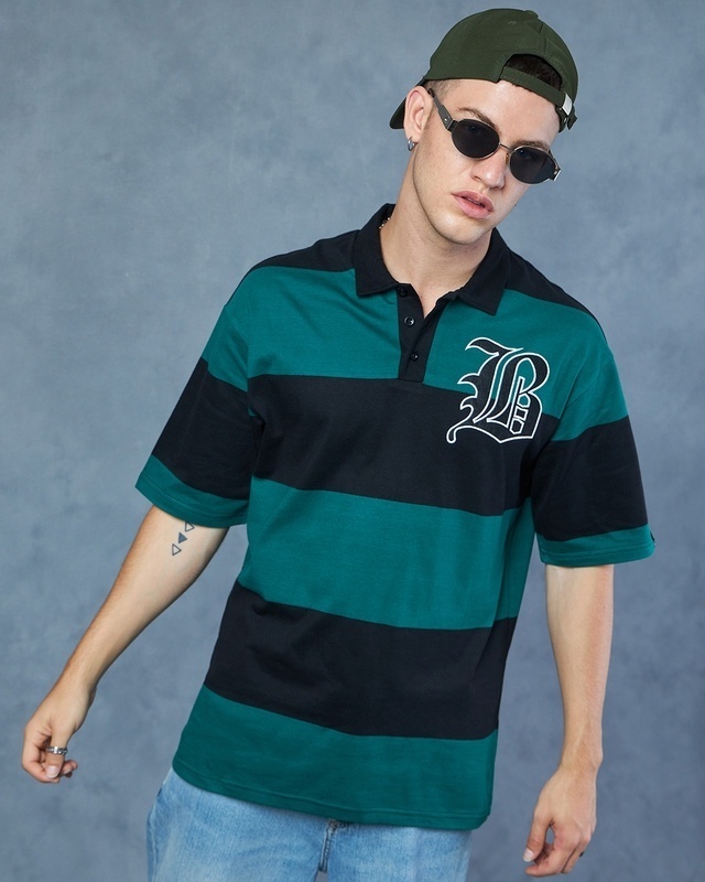 Shop Men's Green & Black B Bold Striped Oversized Polo T-shirt-Front
