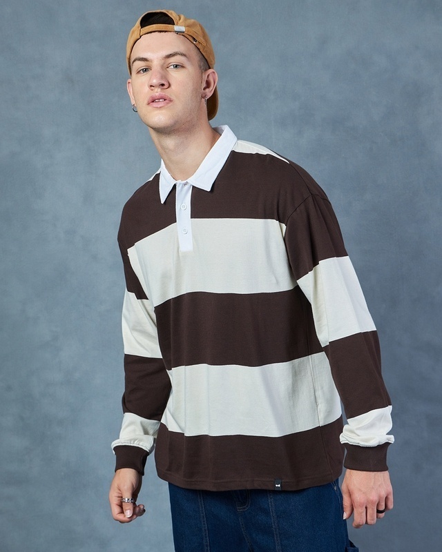 Shop Men's Brown & Beige Striped Oversized Polo T-shirt-Front