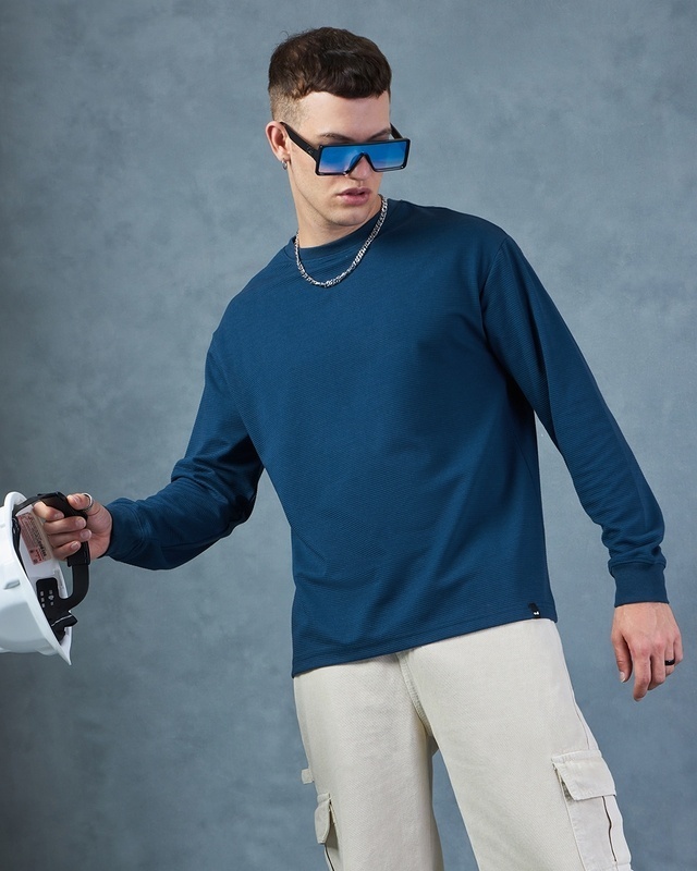 Shop Men's Blue Textured Oversized T-shirt-Front