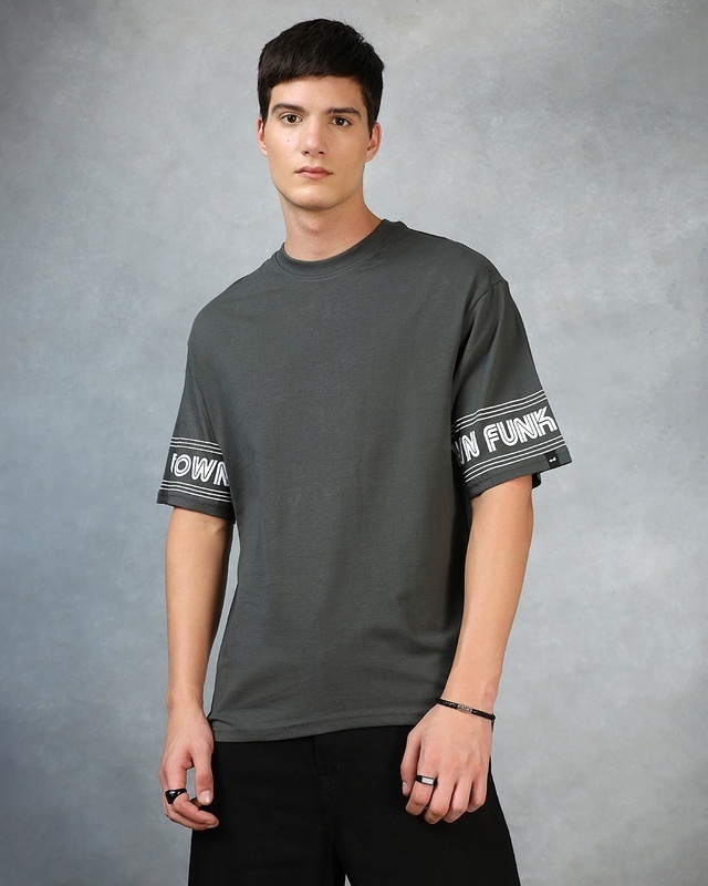 Shop Men's Grey Typography Oversized T-shirt-Front