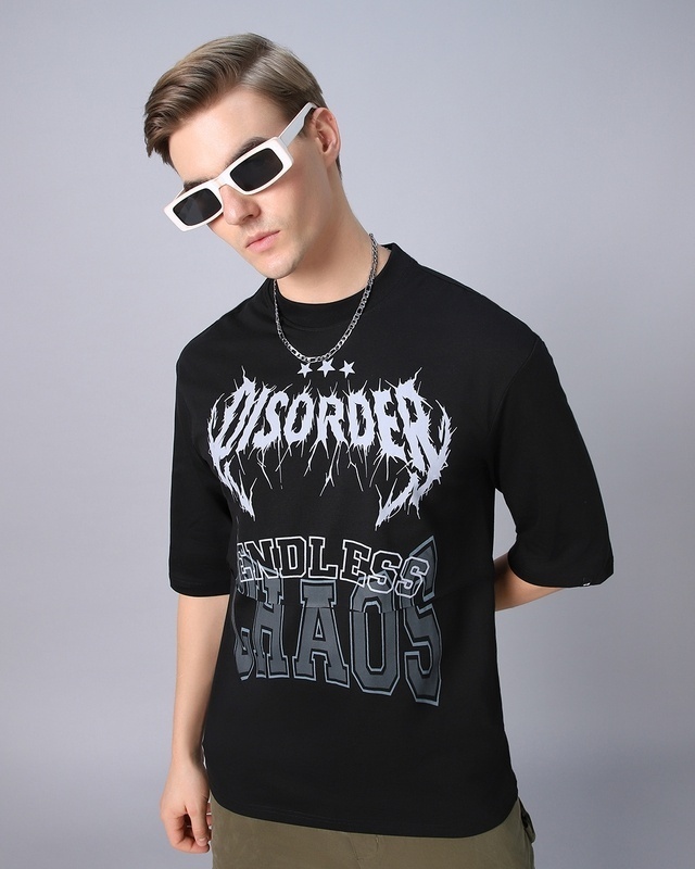 Shop Men's Black Chaos Graphic Printed Oversized T-shirt-Front