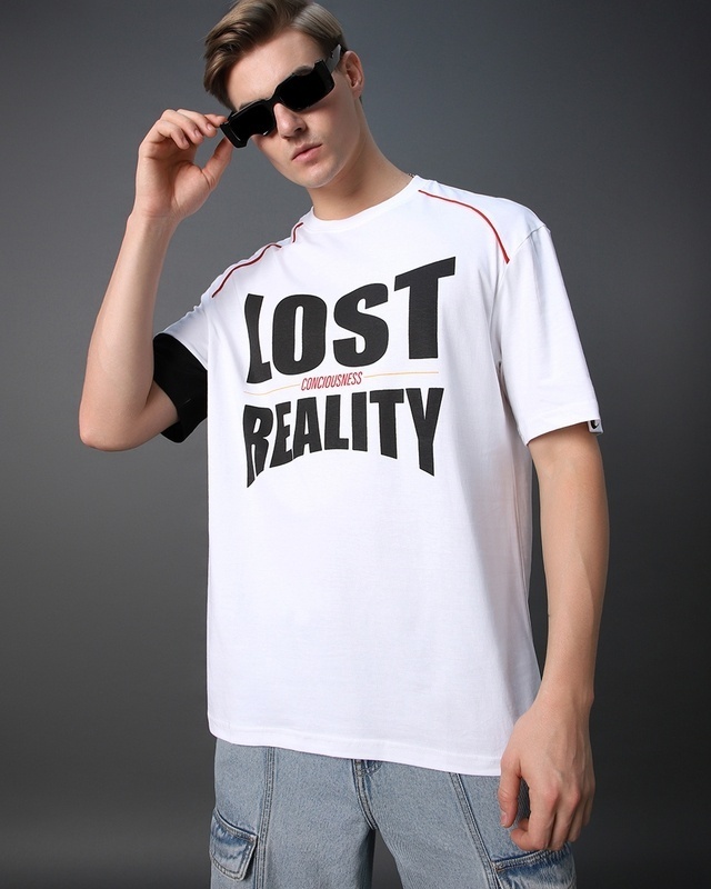 Shop Men's White Conciousness Typography Super Loose Fit T-shirt-Front