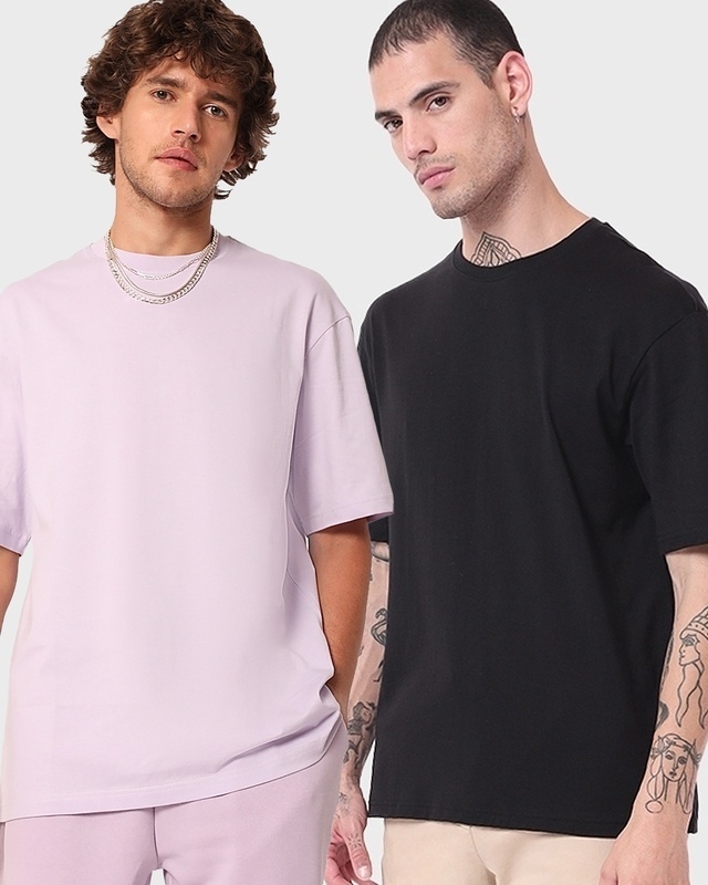 Shop Pack of 2 Men's Purple & Black Oversized T-shirt-Front
