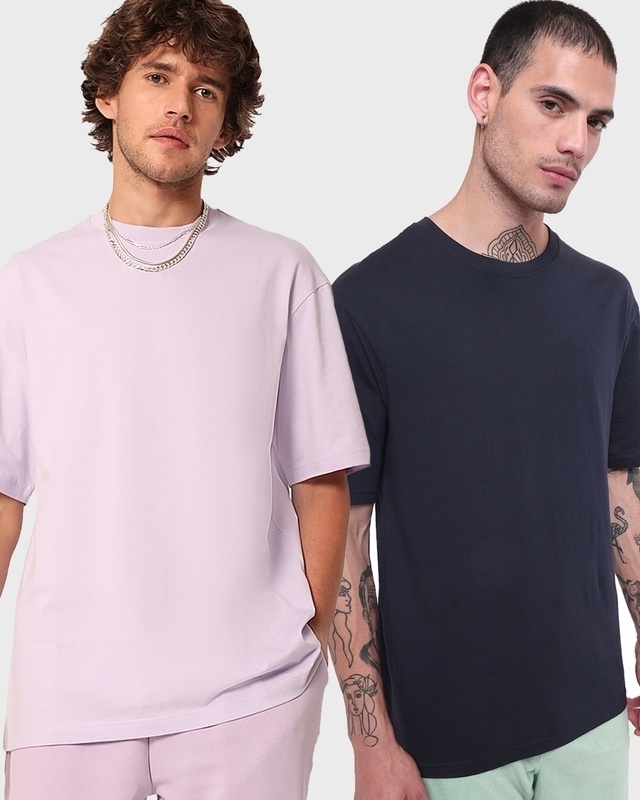 Shop Pack of 2 Men's Purple & Navy Blue Oversized T-shirt-Front