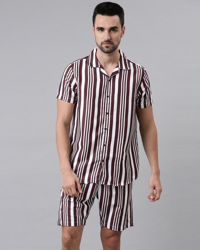 Shop Men Purple & White Striped Co-ord Set-Front