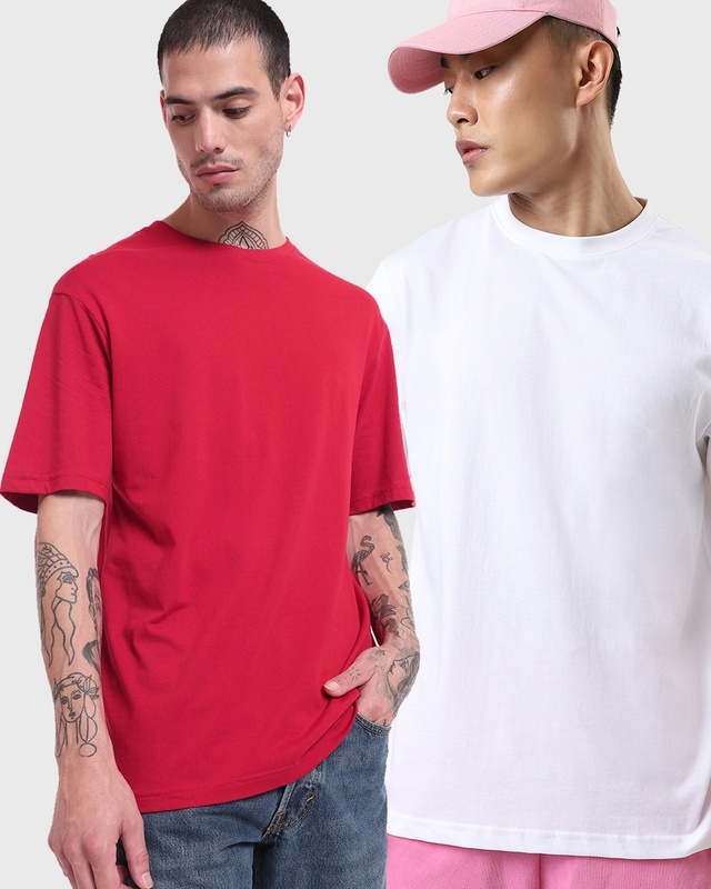 Shop Pack of 2 Men's Red & White Oversized T-shirt-Front