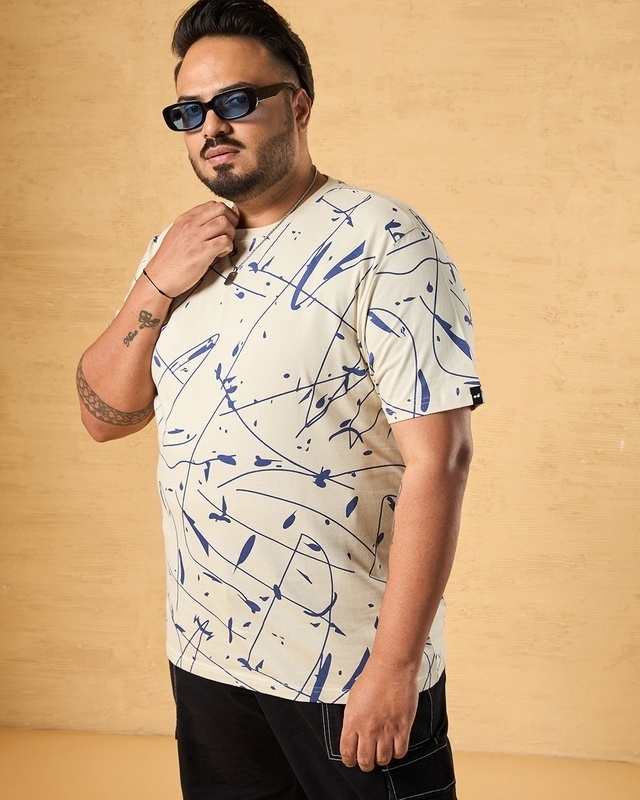 Shop Men's Beige All Over Printed Plus Size T-shirt-Front