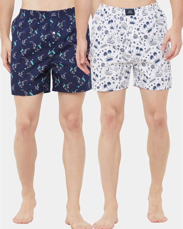 Shop Pack of 2 Men's Blue & White All Over Printed Boxers-Front