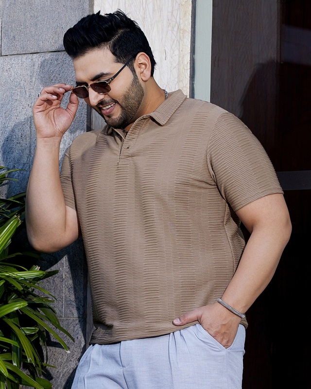 Shop Men's Almond Brown Textured Oversized Plus Size Polo T-Shirt-Front