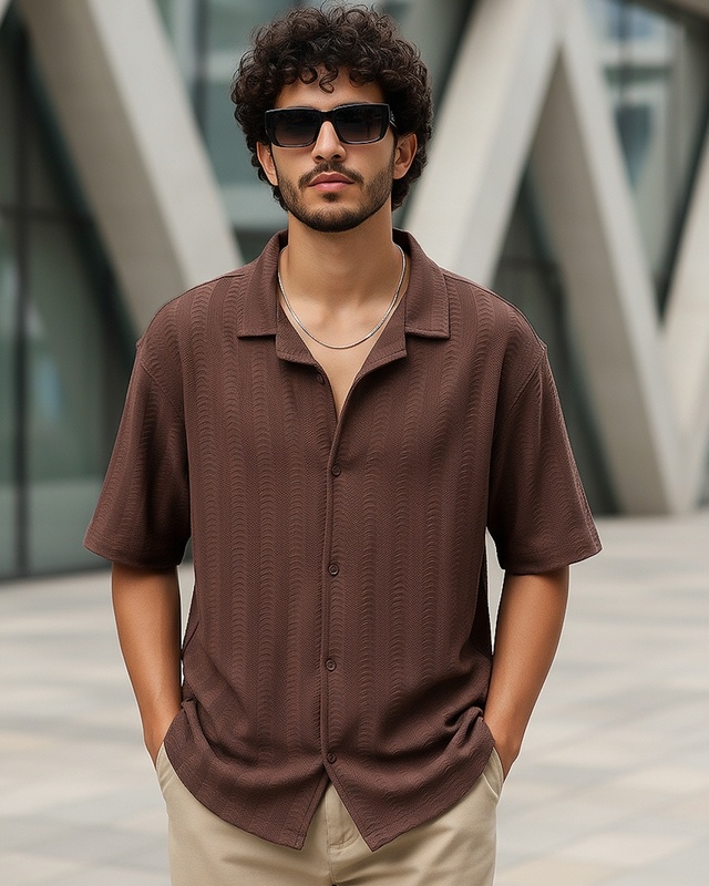 Shop Men's Almond Brown Textured Oversized Shirt-Front