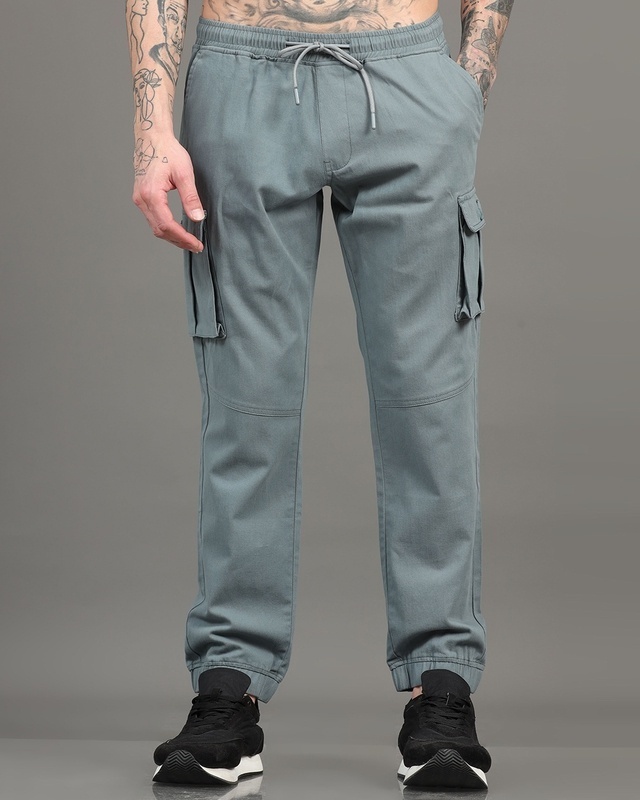 Shop Men's Aqua Grey Cargo Jogger Pants-Front
