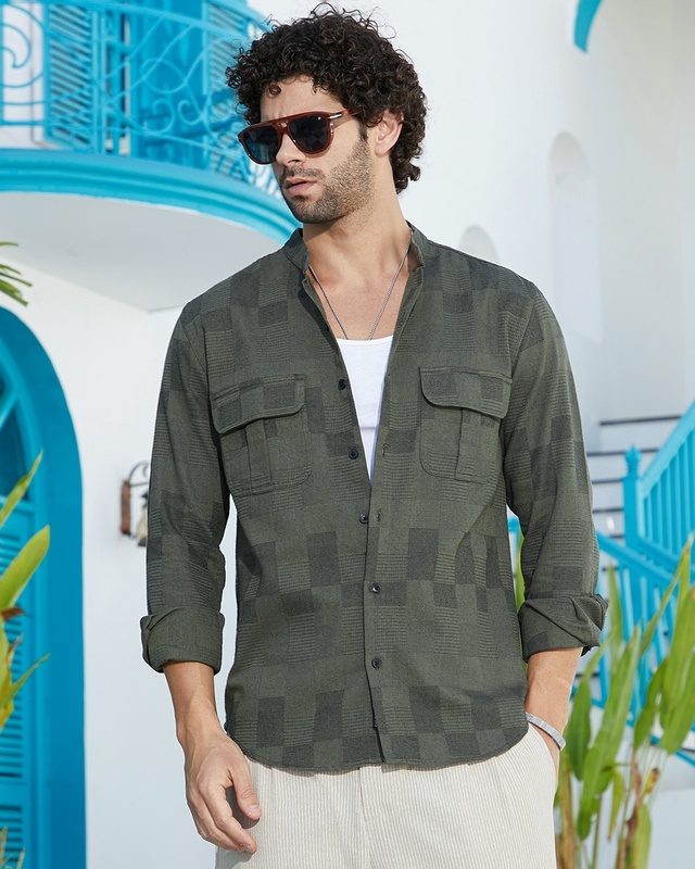 Men's Army Green Textured Shirt