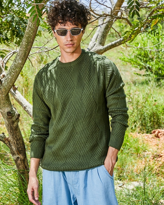 Shop Men's Army Green Textured Sweater-Front