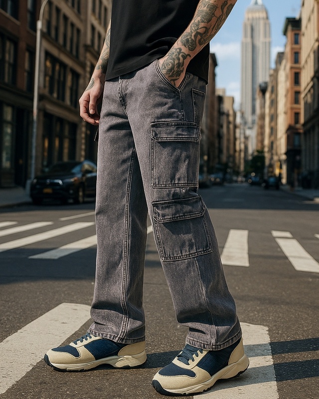 Men's Ash Grey Baggy Fit Washed Cargo Mid-Rise Jeans