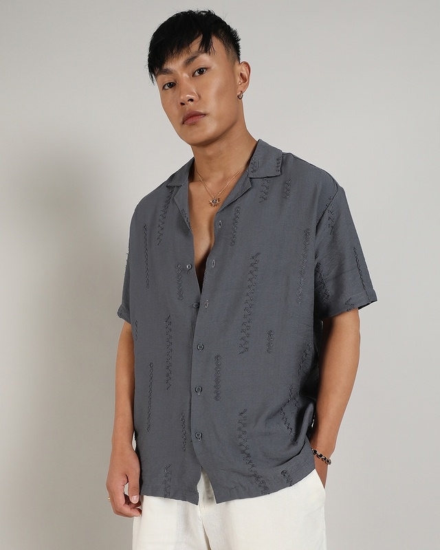 Shop Men's Ash Grey Embroidered Relaxed Fit Shirt-Front