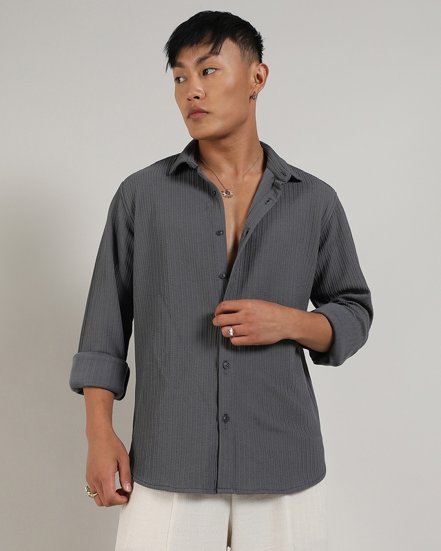 Shop Men's Ash Grey Striped Textured Relaxed Fit Shirt-Front