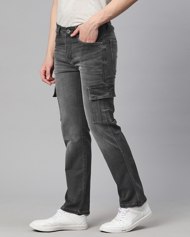 Shop Men's Charcoal Grey Cargo Jeans-Front