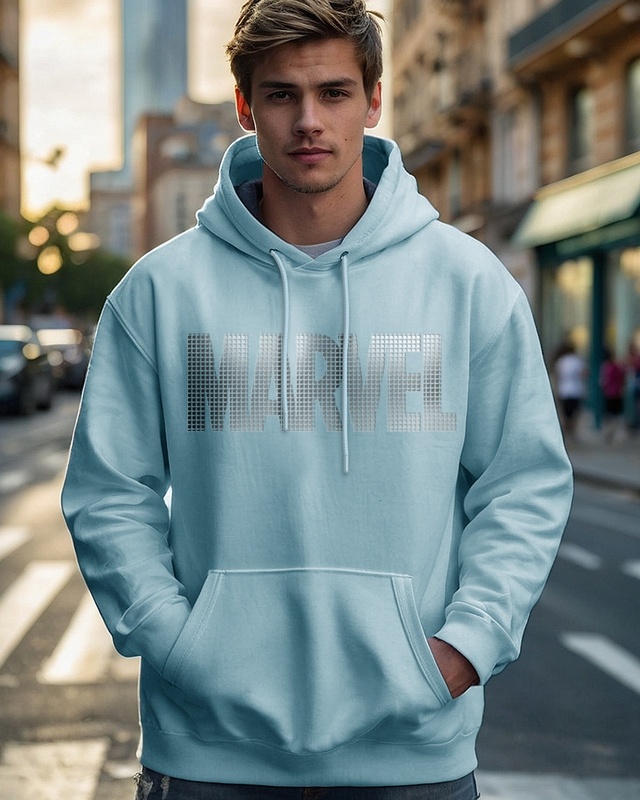 Shop Men's Ashley Blue Marvel Typography Oversized Hoodies-Front