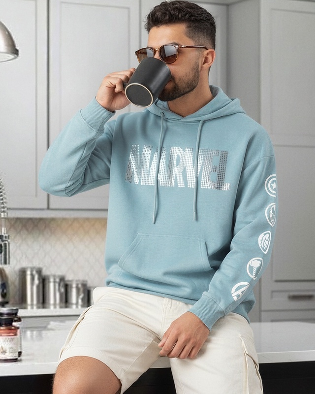 Shop Men's Ashley Blue Marvel Typography Oversized Hoodies-Front