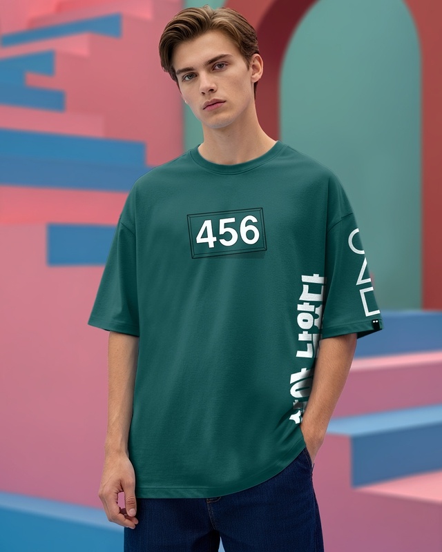 Shop Men's Aventurine Green Contestants Graphic Printed Oversized T-Shirt-Front