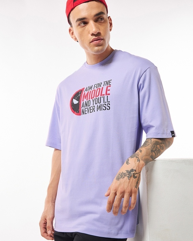 Shop Men's Baby Lavender Aim For Middle Graphic Printed Oversized T-shirt-Front