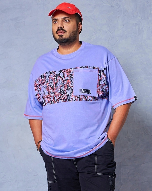 Shop Men's Baby Lavender Marvel Graphic Printed Oversized Plus Size T-shirt-Front