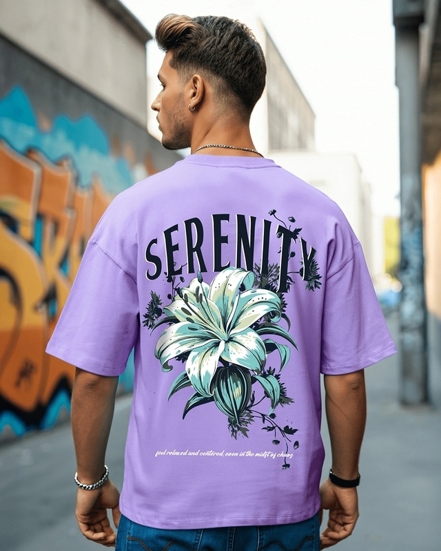 Shop Men's Baby Lavender Serenity Graphic Printed Oversized T-shirt-Front