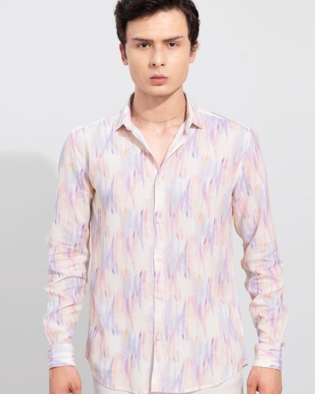 Shop Men's Beige Abstract Printed Slim Fit Shirt-Front
