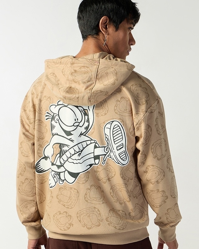 Shop Men's Beige Garfield All Over Printed Oversized Hoodies-Front