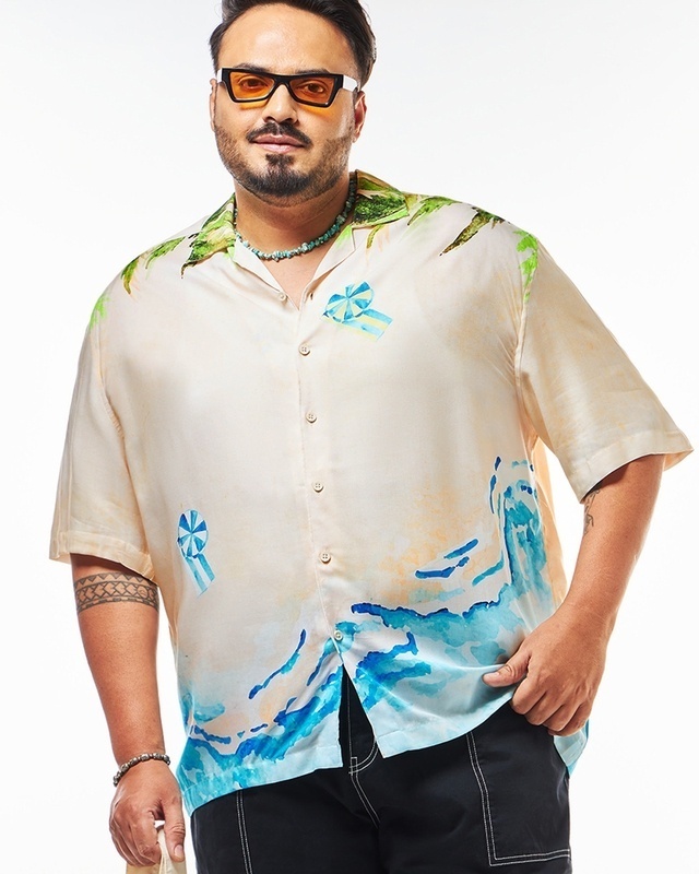 Shop Men's Beige All Over Printed Oversized Plus Size Shirt-Front