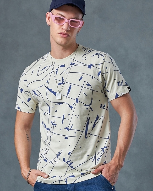 Shop Men's Beige All Over Printed T-shirt-Front