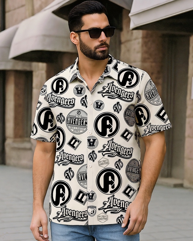 Shop Men's Beige Avengers All Over Printed Oversized Shirt-Front