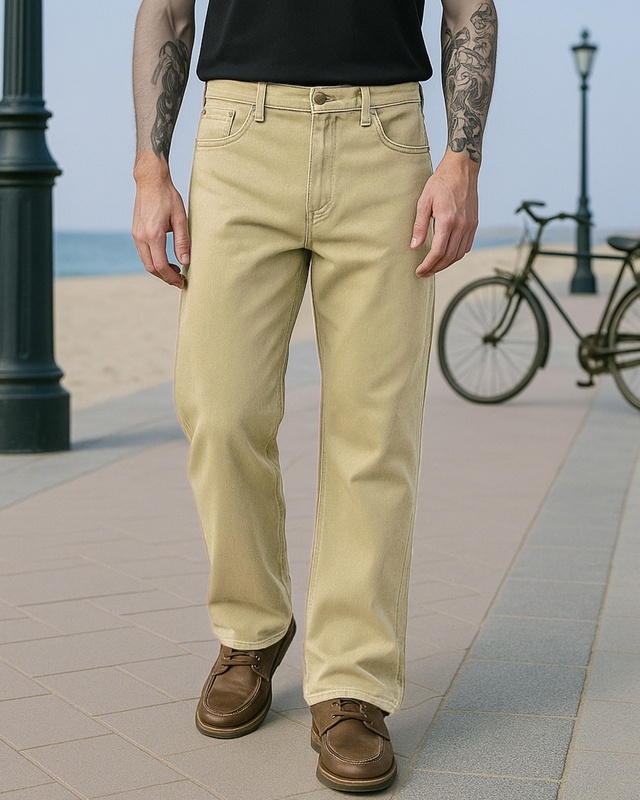 Shop Men's Beige Baggy Fit Mid-Rise Jeans-Front