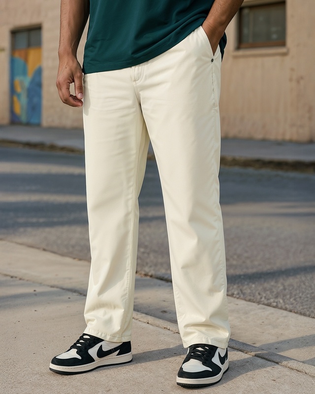 Men's Beige Baggy Fit Plus Size Mid-Rise Jeans