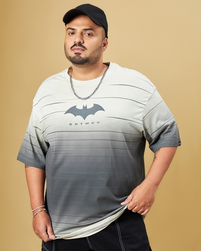 Shop Men's Beige & Grey Batman Ombre Oversized Plus Size T-shirt-Front