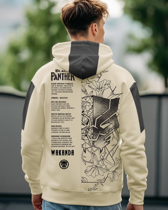 Shop Men's Beige & Black Graphic Printed Oversized Hoodies-Front