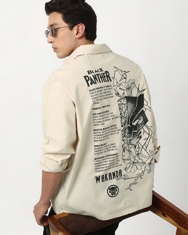 Shop Men's Beige Black Panther Graphic Printed Oversized Shirt-Front