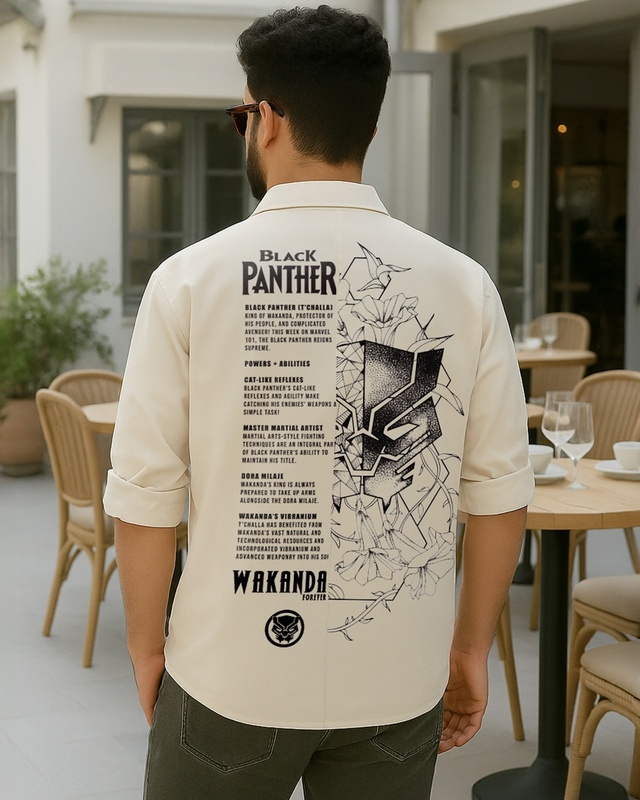 Shop Men's Beige Black Panther Graphic Printed Oversized Shirt-Front