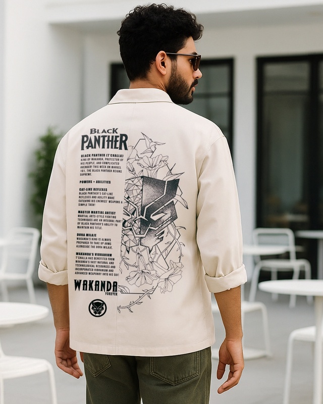 Shop Men's Beige Black Panther Graphic Printed Oversized Shirt-Front