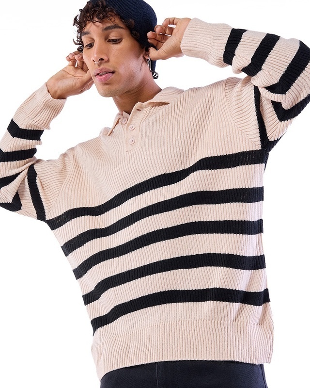 Shop Men's Beige & Black Striped Oversized Sweater-Front