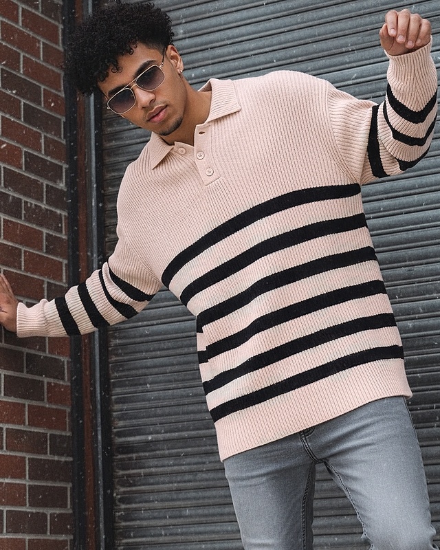 Shop Men's Beige & Black Striped Oversized Sweater-Front