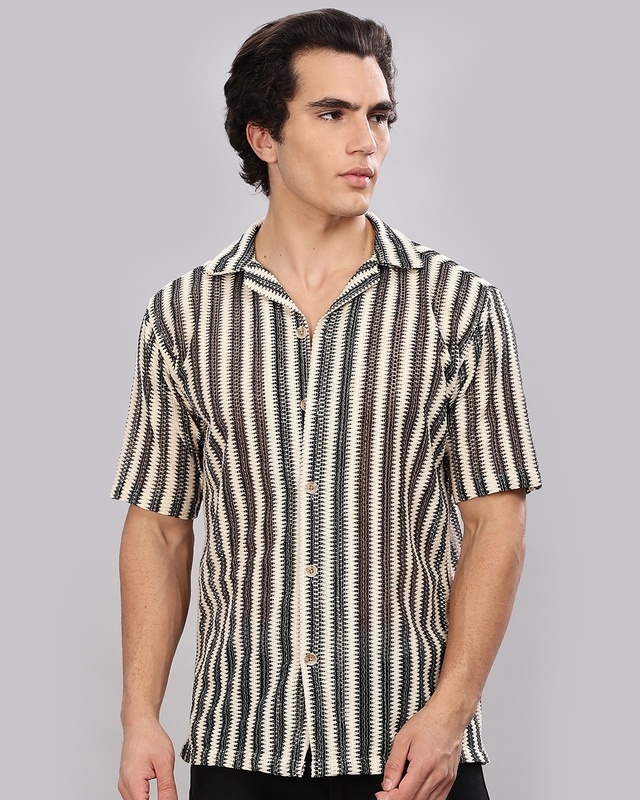 Men's Beige & Black Striped Relaxed Fit Crochet Shirt