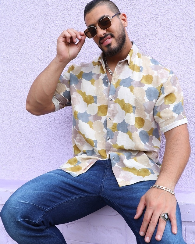 Shop Men's Beige & Blue All Over Printed Oversized Plus Size Shirt-Front