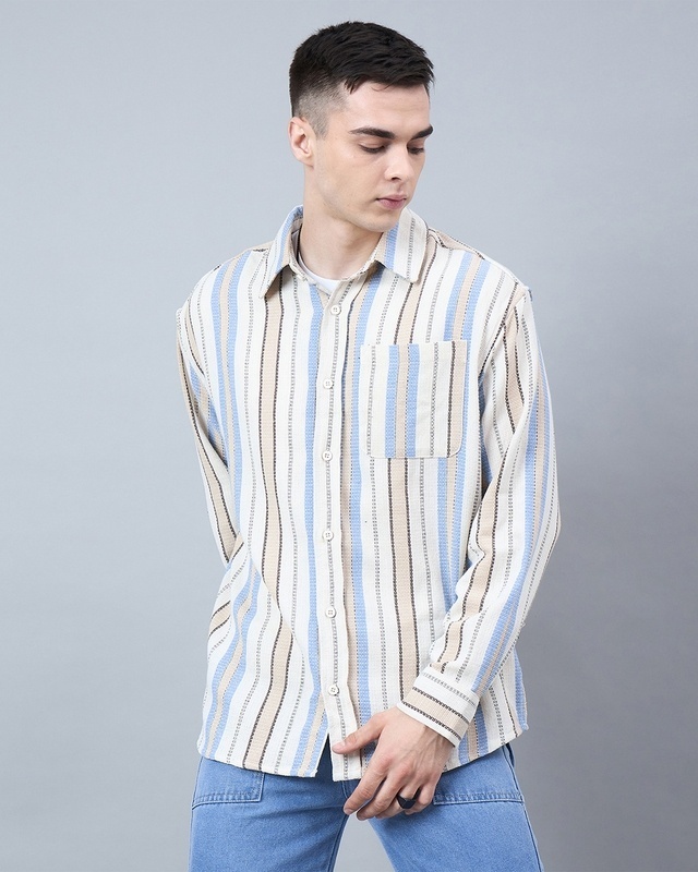 Shop Men's Beige & Blue Striped Oversized Shirt-Front