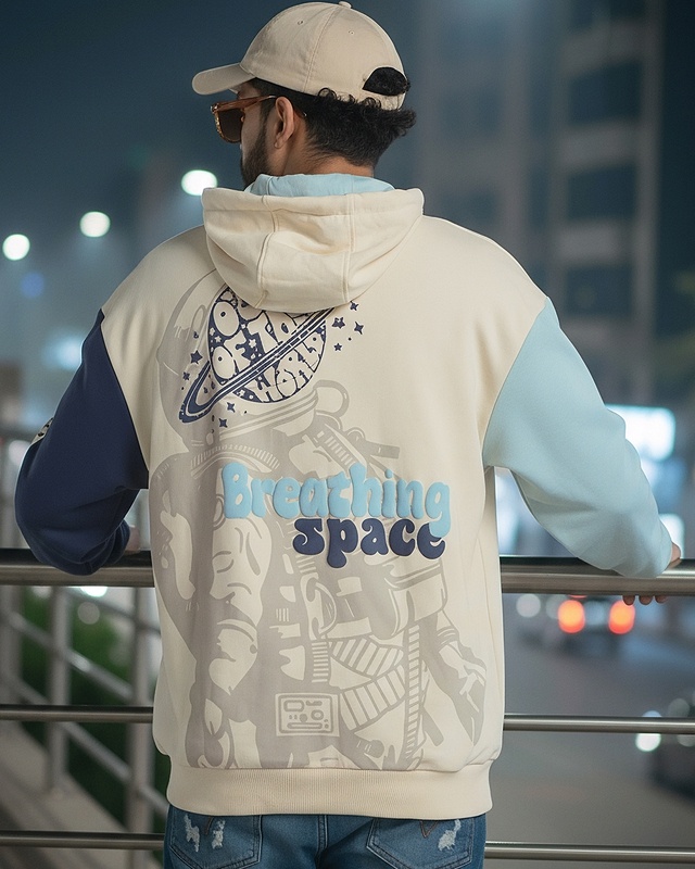Shop Men's Beige Breathing Space Printed Oversized Hoodies-Front