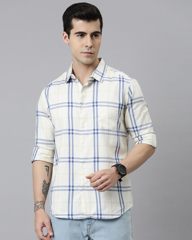 Shop Men's Beige Checked Slim Fit Shirt1-Front