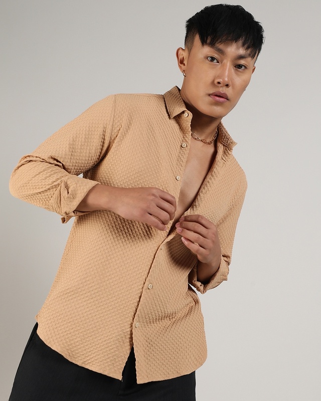 Shop Men's Beige Checked Textured Relaxed Fit Shirt-Front