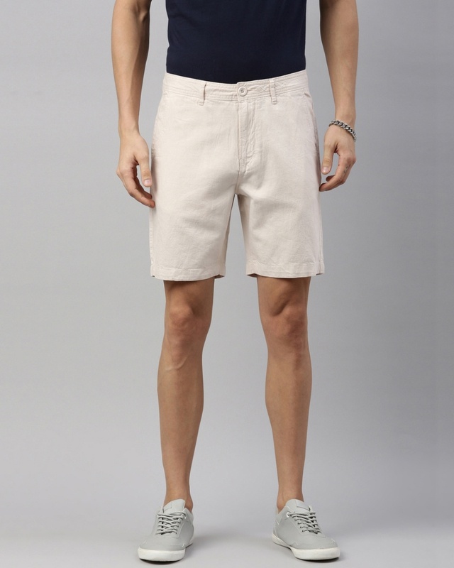 Shop Men's Beige Cotton Linen Shorts-Front